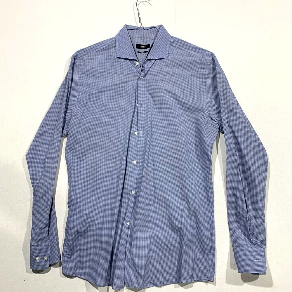 Hugo Boss Men's Sharp Fit Blue Plaid Long Sleeve Dress Shirt 34/35 16 1/2 Large